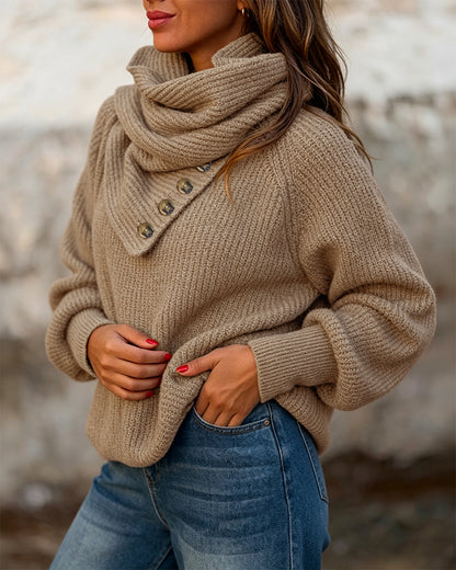 Women's Wrap-Style Cowl Collar Knit Sweater Casual Pullover