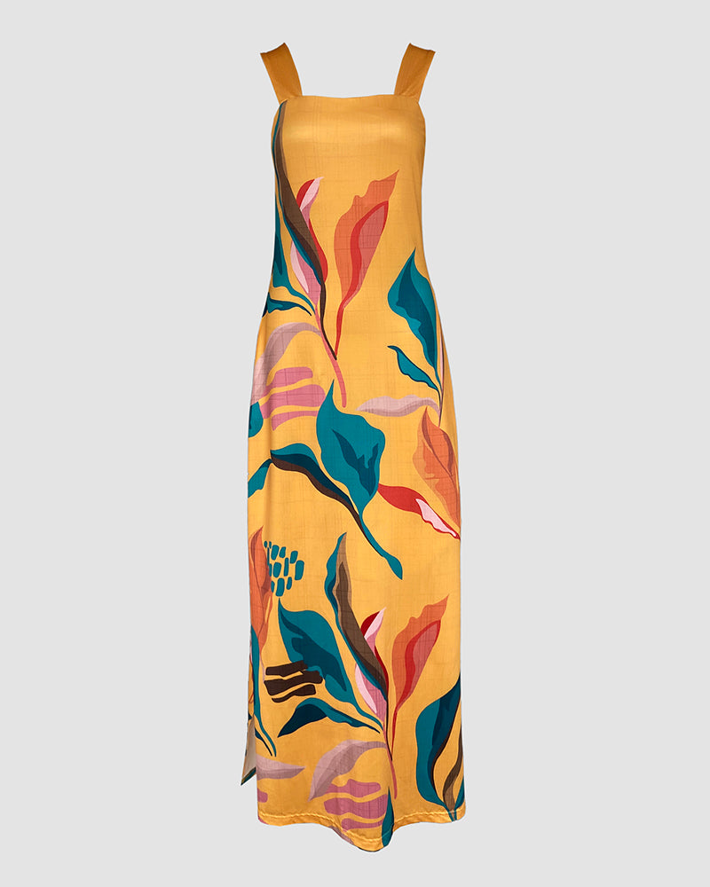 Tropical Print Thick Strap U-neckline Slim Fit Slit Maxi Dress Vocation Dress with Pockets