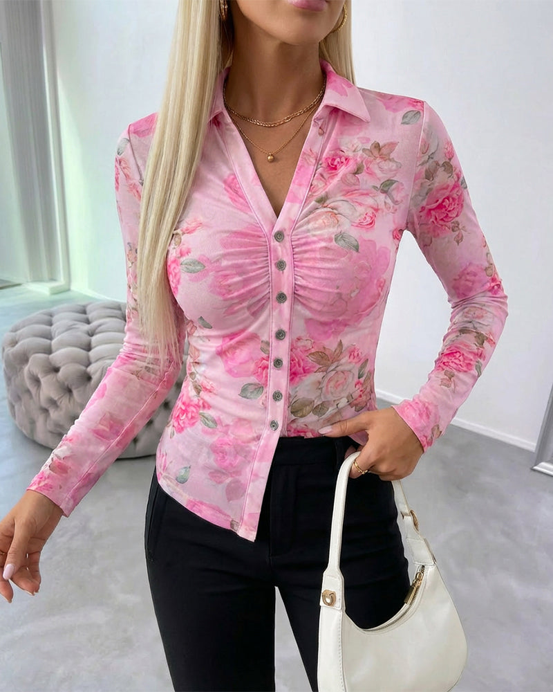 Floral Print Turn-down Collar V-Neck Button Front Shirt Slim Fit Long Sleeve Ruched Sheer Mesh Top with Lining