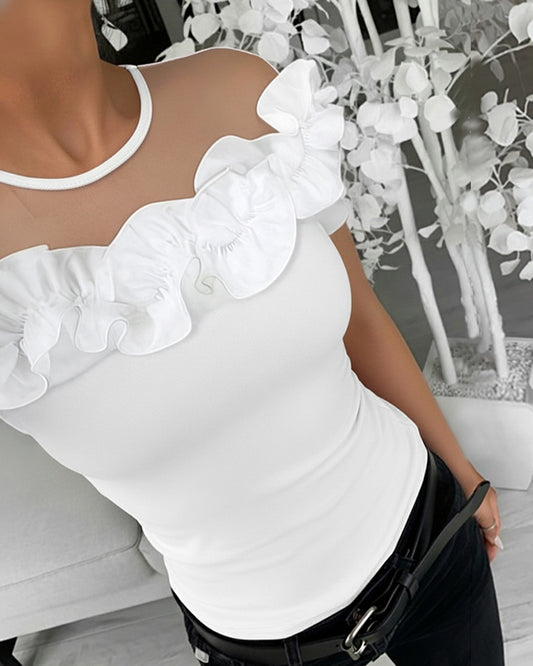 Short Sleeve Sheer Mesh Spliced Ruffles Design Tee Slim Fit Top