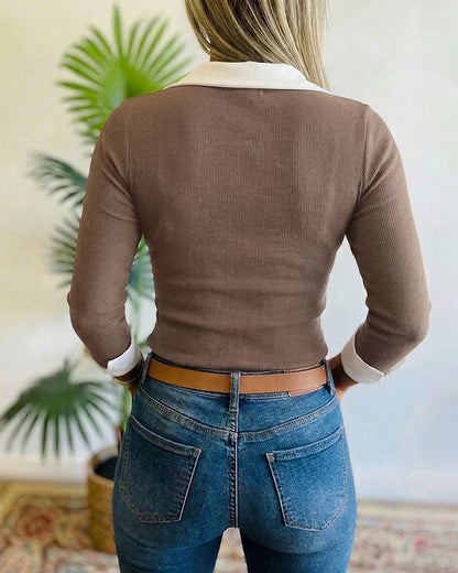 Women's Contrast Lapel Collar Faux Two-Piece Knit Top Long Sleeve Slim Fit Top