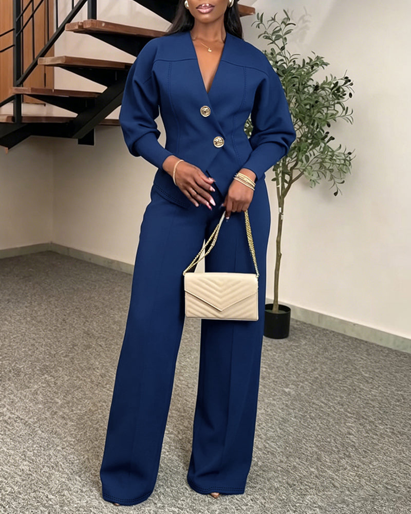 Women's 2 Piece Set V-Neck Cinched Waist Gigot Sleeve Top and High Waist Wide Leg Pants Elegant Set