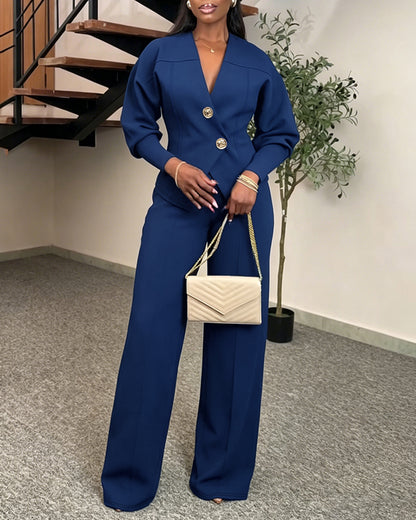 Women's 2 Piece Set V-Neck Cinched Waist Gigot Sleeve Top and High Waist Wide Leg Pants Elegant Set