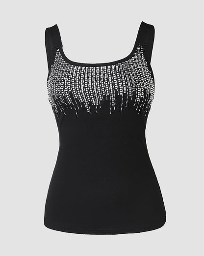 Round Neck Rhinestone Decor Skinny Tank Top