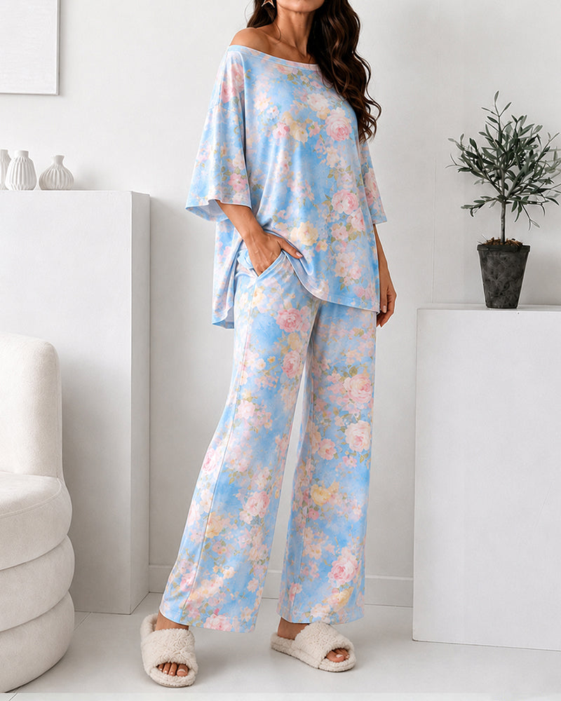Women's 2 Piece Floral Print Pajama Set Half Sleeve Side Slit Top and Straight Leg Pants Casual Loungewear