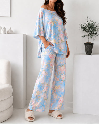 Women's 2 Piece Floral Print Pajama Set Half Sleeve Side Slit Top and Straight Leg Pants Casual Loungewear