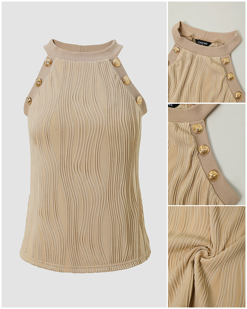 Women's Halter Neck Tank Top Vintage Gold Button Wave Textured Sleeveless Slim Fit Top