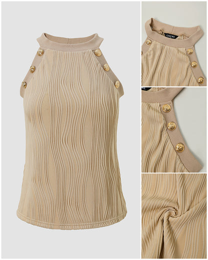 Women's Halter Neck Tank Top Vintage Gold Button Wave Textured Sleeveless Slim Fit Top