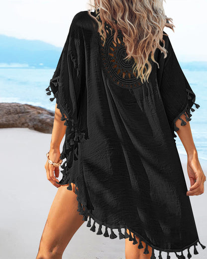 Women's Front & Back Reversible Beach Cover Up Crochet Lace Hollow Out Spliced Tassel Vacation Caftan Dress