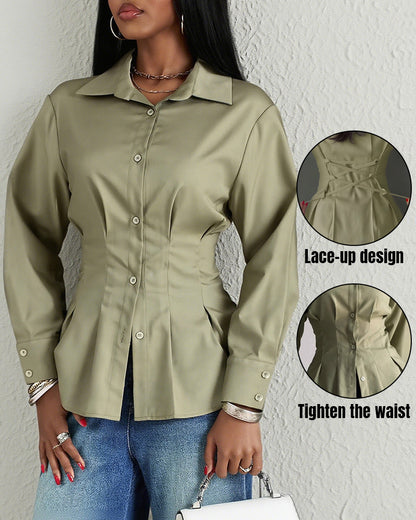 Turn-down Collar Long Sleeve Button Front Blouse Casual Back Criss Cross Tied Detail Fishtail Shirt