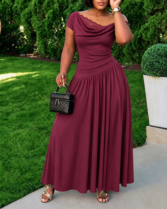 Women's Cowl Neck Lace Spliced Maxi Dress Skew Neck Ruched A Line Dress