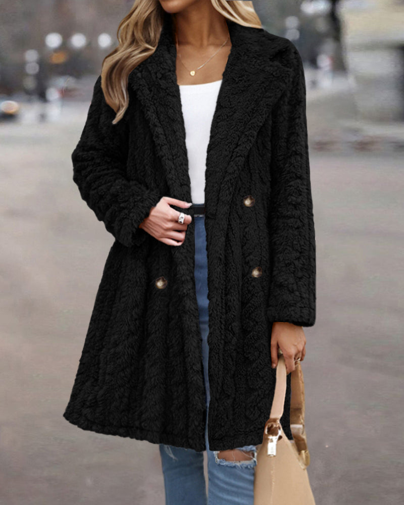 Cable Textured Lapel Neck Button Front Pocket Design Thermal Teddy Coat