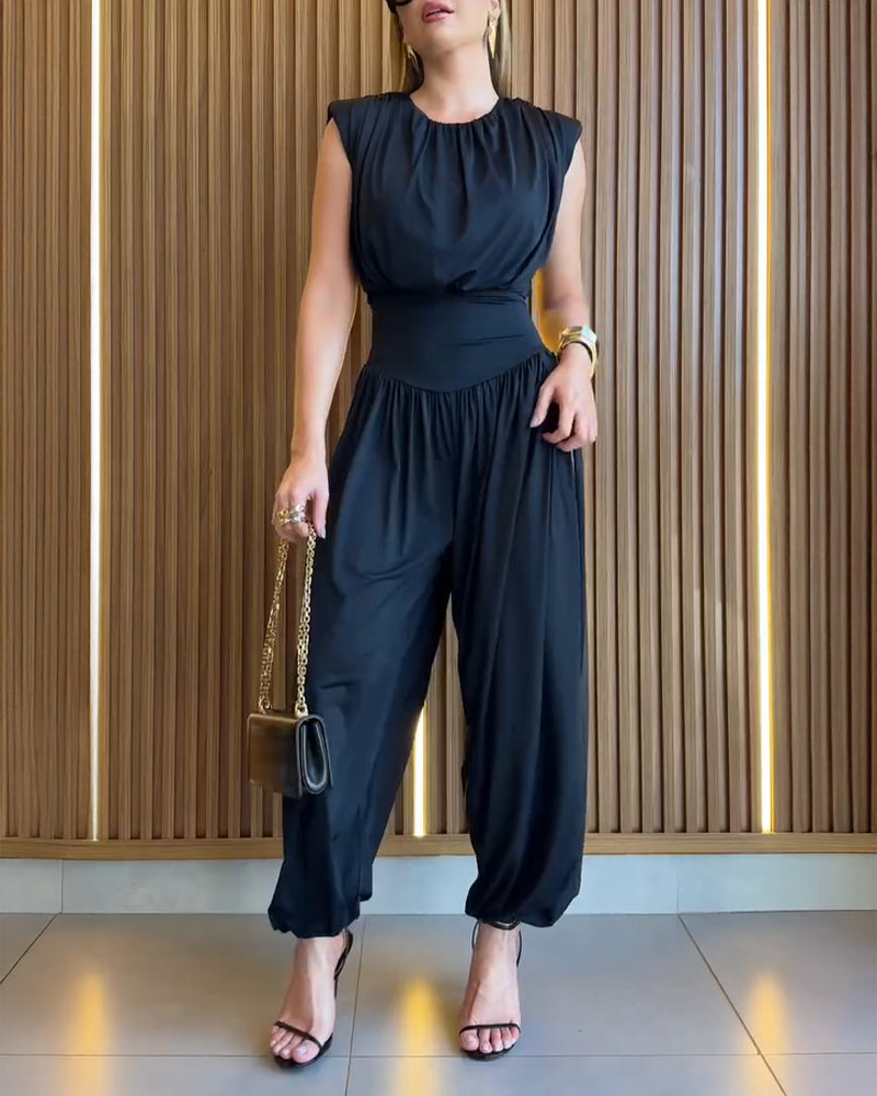 Padded Shoulders Sleeveless Cinched Waist Side High Slit Overalls Casual Hollow-out Back Ruched Jumpsuit