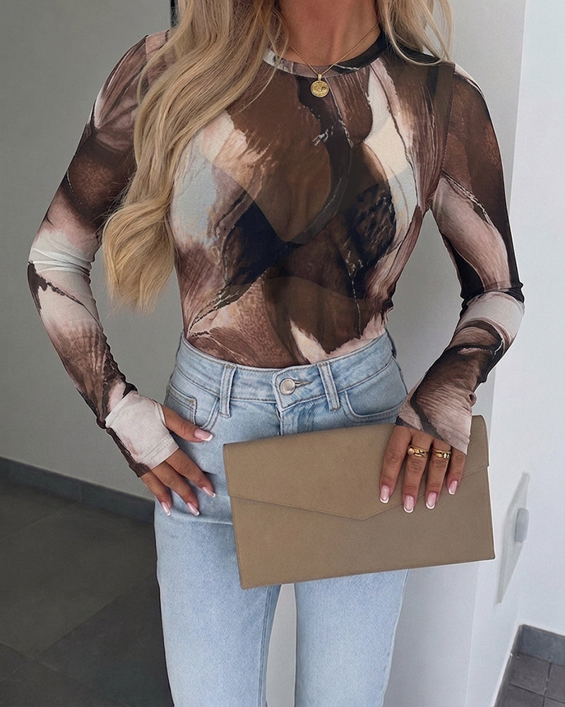Women's Tie Dye Print Sheer Mesh Long Sleeve Top Crewneck Tee with Thumb Holes
