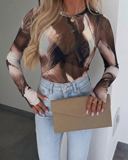 Women's Tie Dye Print Sheer Mesh Long Sleeve Top Crewneck Tee with Thumb Holes