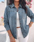 Women's Rhinestone Denim Jacket Washed Button-Down Shacket Sparkling Loose Fit Long Sleeve Casual Outerwear