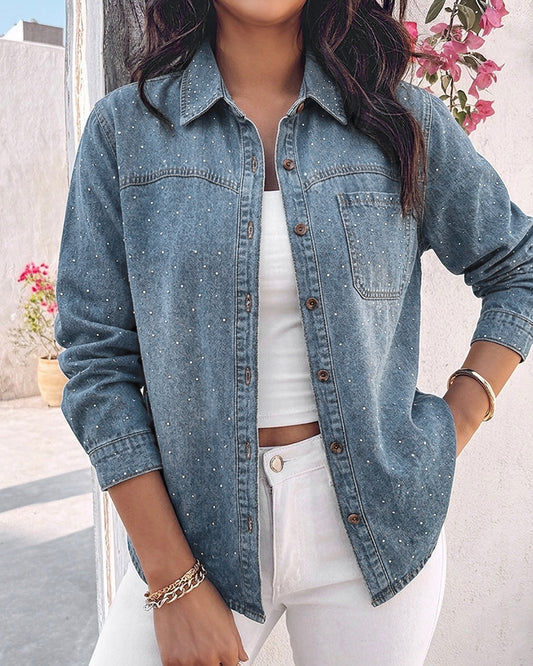 Women's Rhinestone Denim Jacket Washed Button-Down Shacket Sparkling Loose Fit Long Sleeve Casual Outerwear