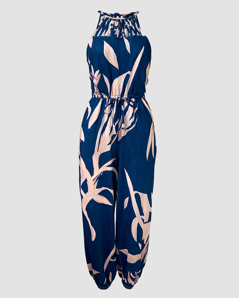 Women's Floral Halter Tie Jumpsuit Sexy Hollow-out High Waisted Drawstring Jogger Jumpsuits with Pockets