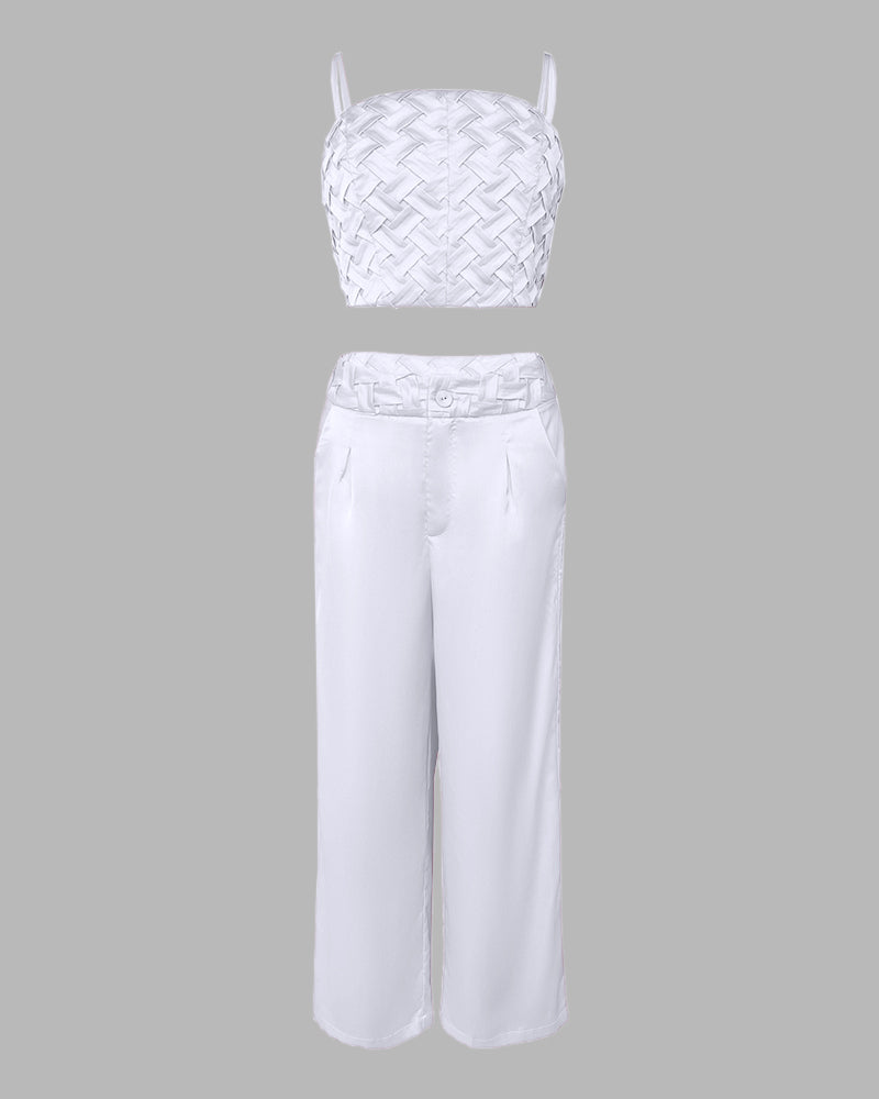 2 Pieces Outfit Weaving Textured Spaghetti Strap Crop Top and Casual Wide Leg Pants Set