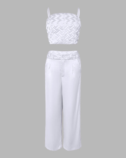 2 Pieces Outfit Weaving Textured Spaghetti Strap Crop Top and Casual Wide Leg Pants Set