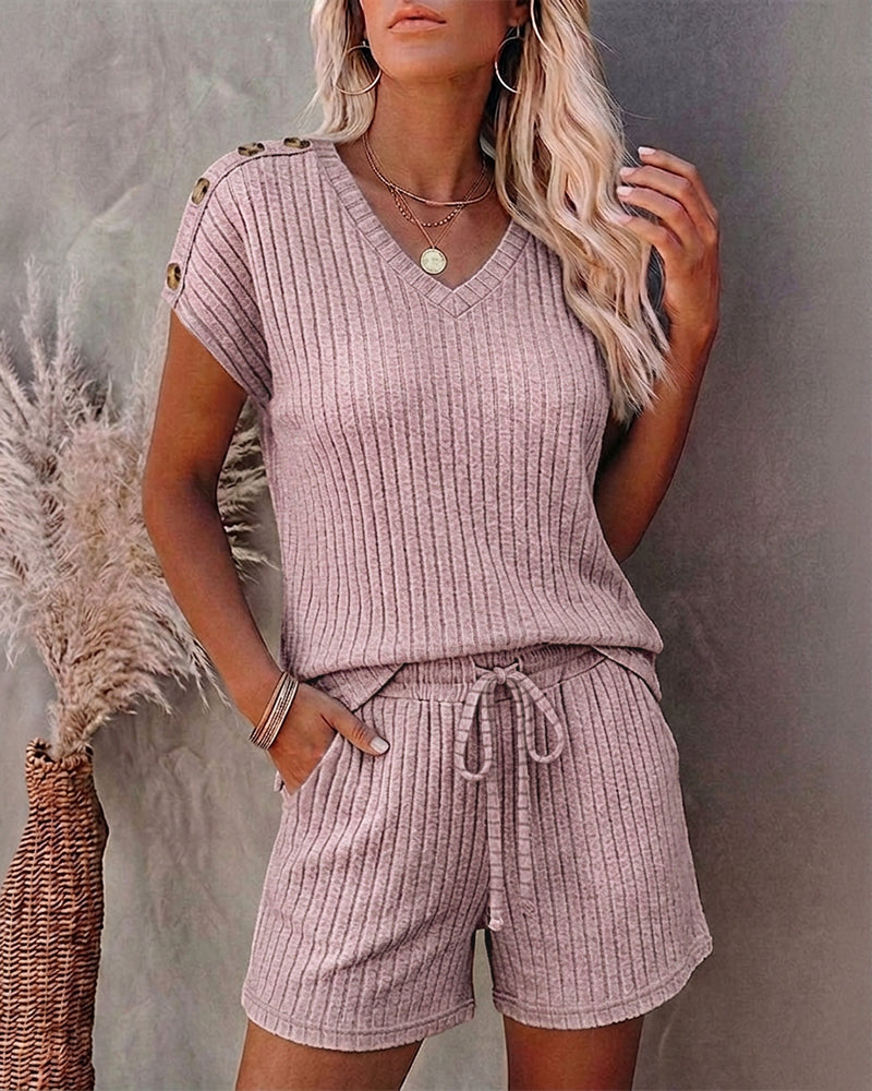 Women's Ribbed Knit 2 Piece Outfits V Neck Short Sleeve Top and Drawstring Shorts Set Casual Lounge Suits with Pockets