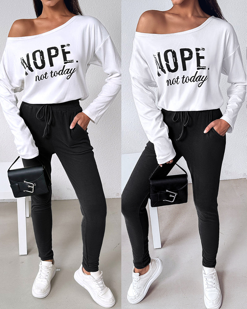 2 Pieces Outfit Nope. Not Today Slogan Print Skew Neck Long Sleeve Pullover Top And Casual Drawstring Stretchy Waist Slim Fit Pants Set