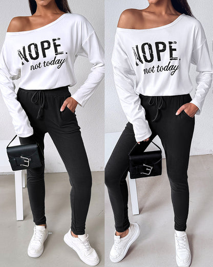 2 Pieces Outfit Nope. Not Today Slogan Print Skew Neck Long Sleeve Pullover Top And Casual Drawstring Stretchy Waist Slim Fit Pants Set