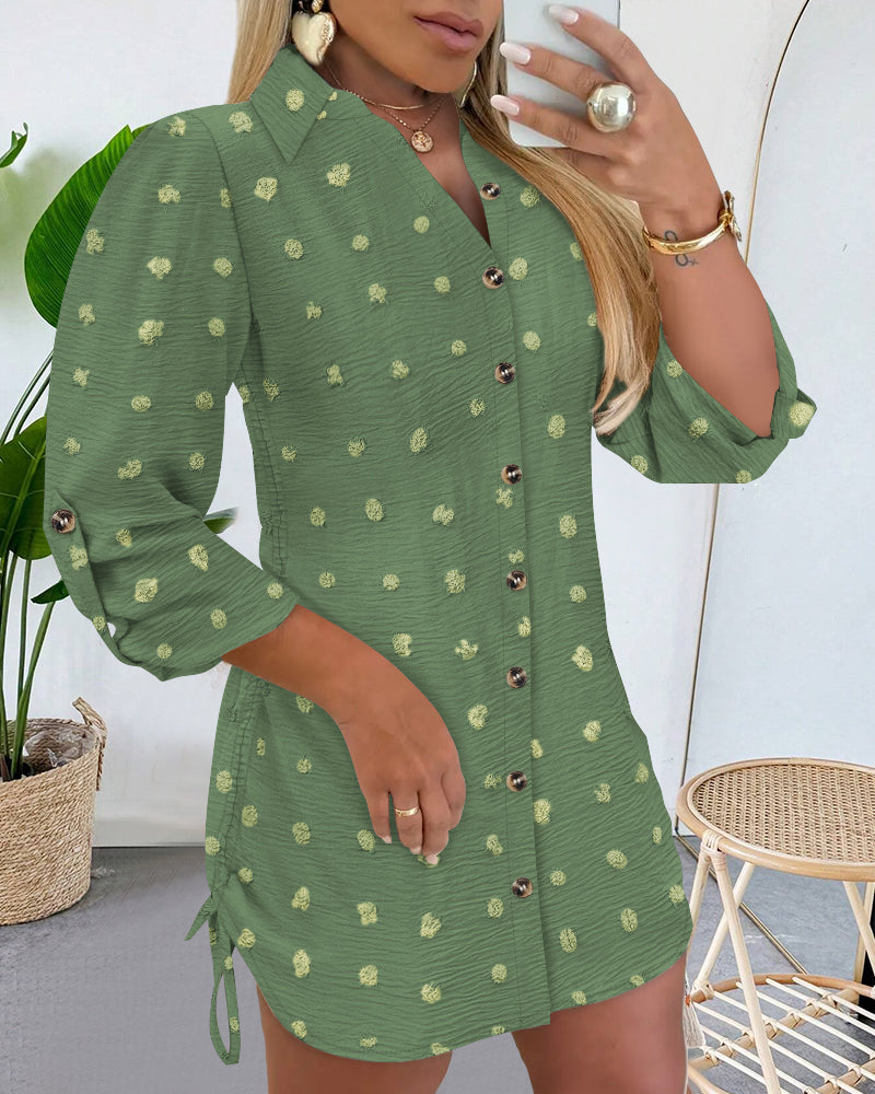 Large Swiss Dot Stand Collar Long Sleeve Chiffon Shirt Dress Casual Button Design Mini Dress