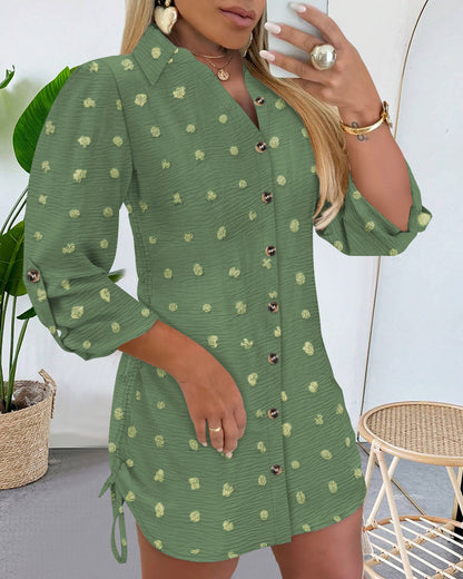 Large Swiss Dot Stand Collar Long Sleeve Chiffon Shirt Dress Casual Button Design Mini Dress