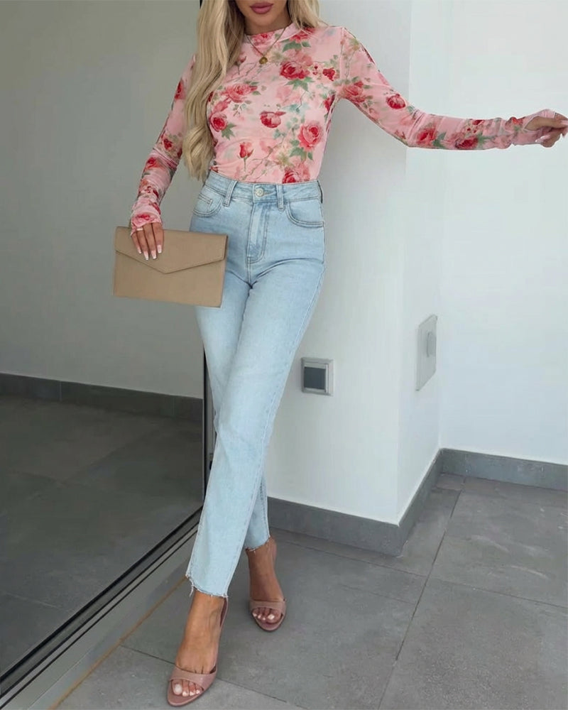 Floral Print Mock Neck Long Sleeve Tee Slim Fit Sheer Mesh Layering Top with Thumb Hole Cuffs