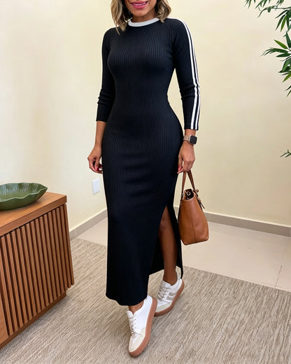 Women's Contrast Side Striped Long Sleeve Ribbed Knit Bodycon Dress Side Slit Maxi Dress