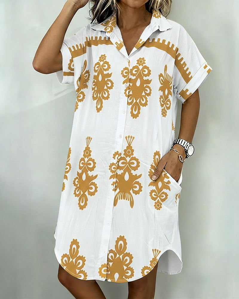 Vintage Baroque Placement Print Turn-down Collar Rolled Cuffs Button Down Shirt Dress Casual Curved Hem Vacation Dress with Pockets