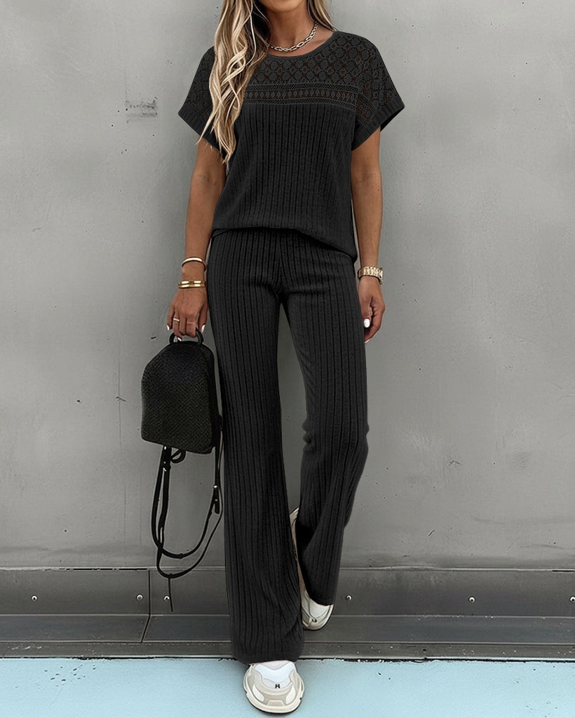 Women's 2 Piece Knit Set Lace Patchwork Short Sleeve Top and Wide Leg Pants Casual Ribbed Brushed Lounge Set