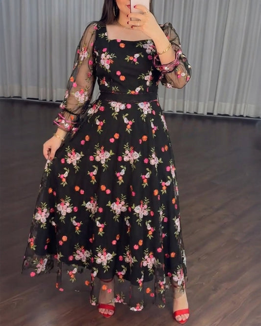 Vintage Square Neck Flared Cuffs Embroidered Floral Pattern Sheer Mesh Overlay Maxi Dress Elegant Shirred Back Cinched Waist Backless Evening Dress with Belt