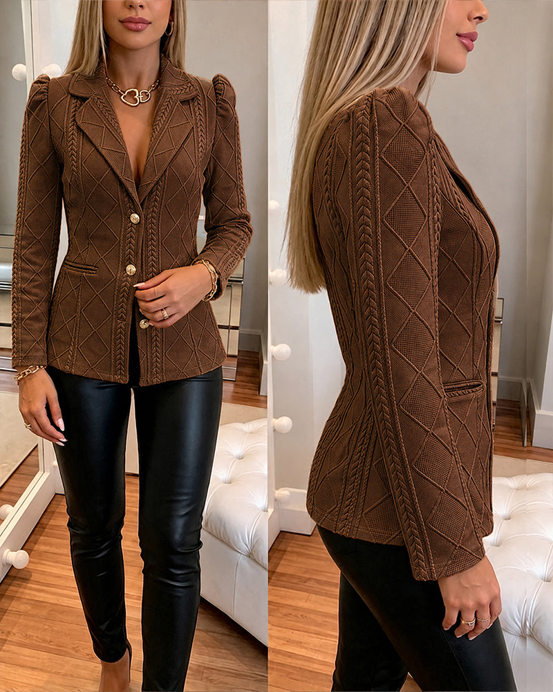 Blazer elegante de mujer con textura de cuadros de rombos, corte entallado, mangas abullonadas y botones dorados, chaqueta de traje para oficina con bolsillos