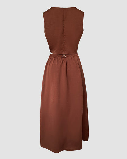 2 Pieces Outfit Sleeveless Zipper Front Metal Decor Crop Vest and High Waist Slit Elastic Back Waist Maxi Dress Set