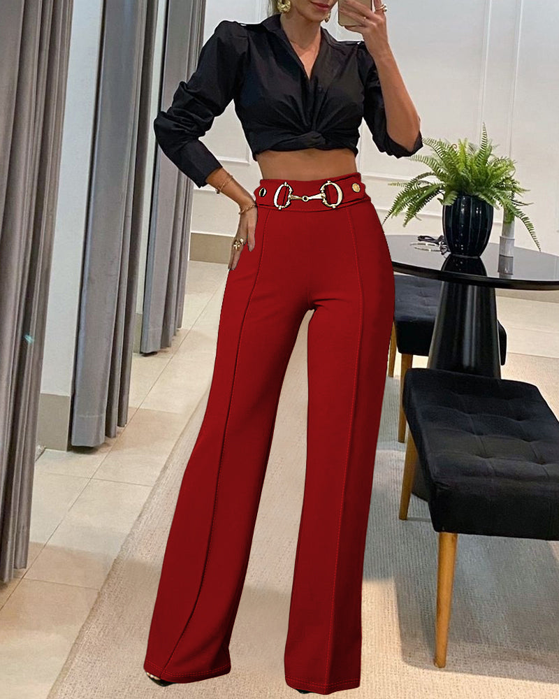 Metal Button Decor High Waist Casual Straight Leg Work Pants
