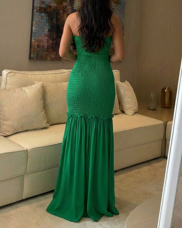 Sweetheart Neck Frill Trim Shirred Slim Fit Maxi Dress Elegant Cutout Front Mermaid Hem Evening Dress