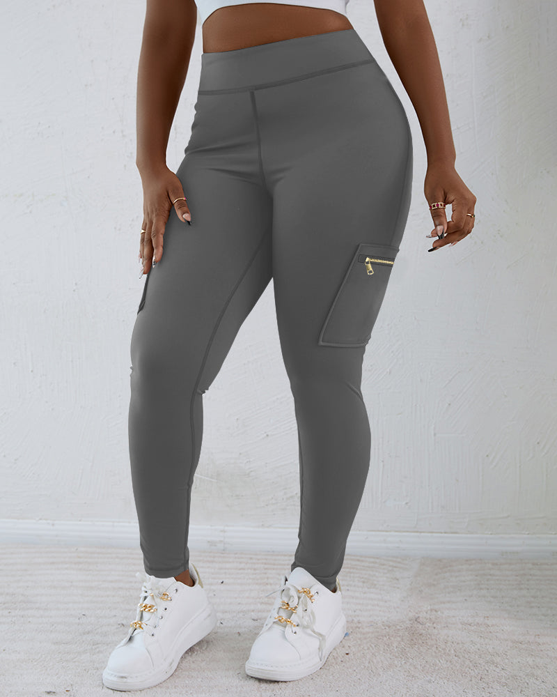 Zipper Pocket Slim Fit Yoga Pants Casual High Waist Workout Pants