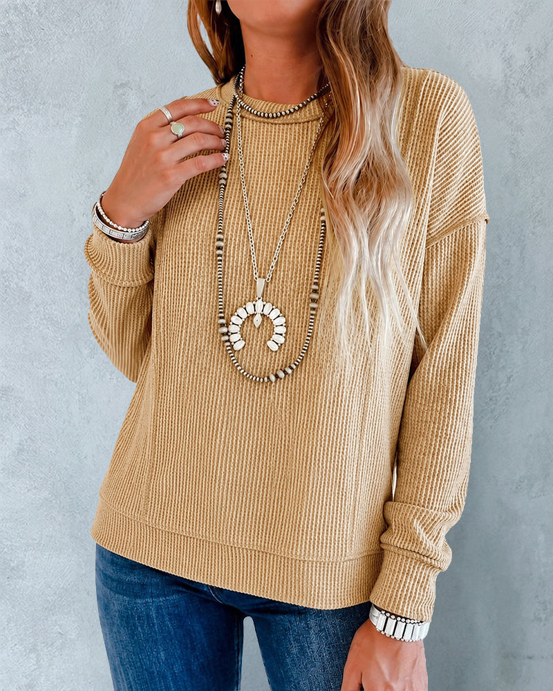 Women's Ribbed Knit Long Sleeve Top Casual Seam Crewneck Pullover