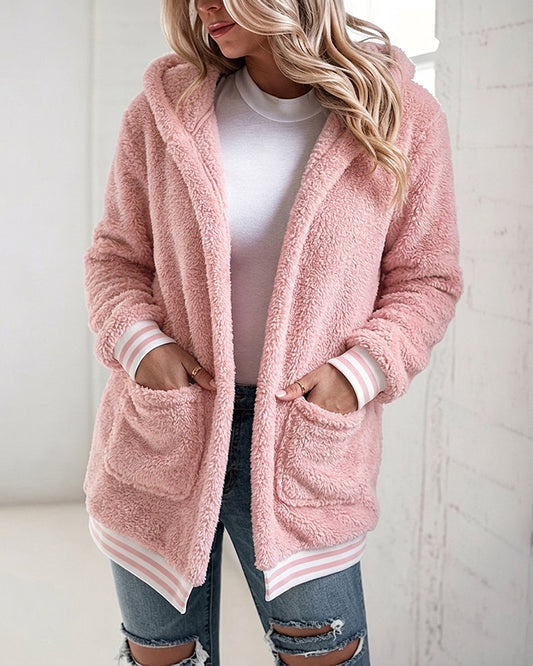 Women's Sherpa Fleece Hooded Jacket Open Front Striped Trim Fuzzy Outerwear Coat