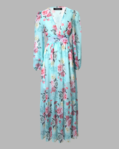 Floral Print Deep V Neck Lantern Sleeve Cinched Waist Maxi Dress Shirred Back Ruffle Hem A Line Dress