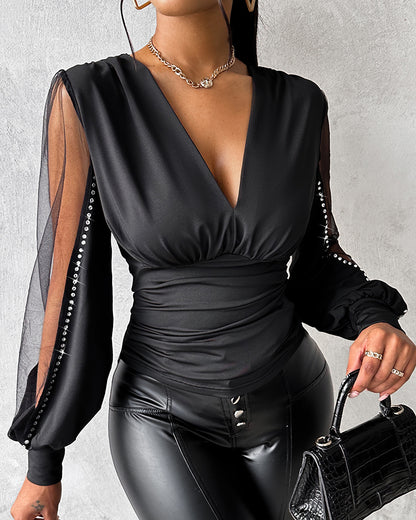 Deep V-Neck Rhinestone Decor Mesh Patchwork Lantern Sleeves Blouse Ruched Slim Fit Top