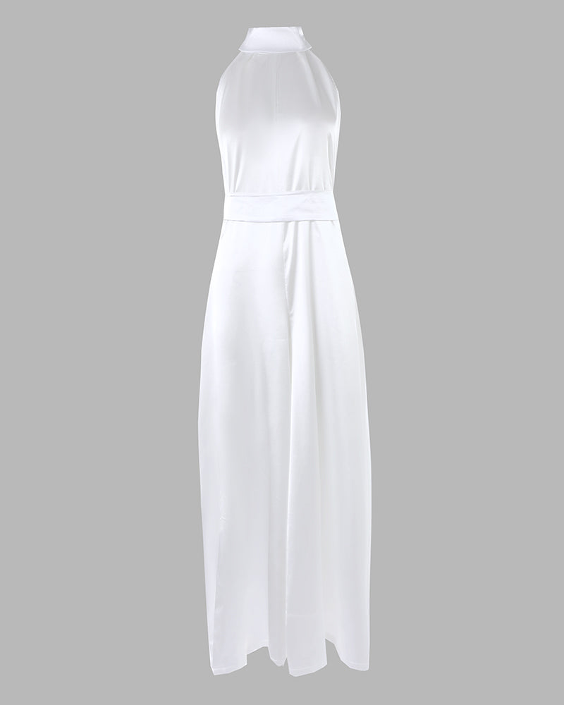 Women's Satin Halter Jumpsuit Mock Neck Sleeveless Wide Leg Overalls Elegant High Waist Jumpsuit with Belt