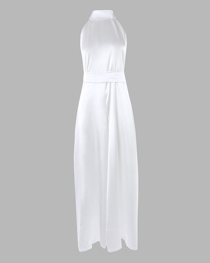 Women's Satin Halter Jumpsuit Mock Neck Sleeveless Wide Leg Overalls Elegant High Waist Jumpsuit with Belt
