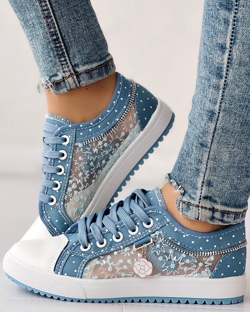 Floral Pattern Embroidery Dot Print Sneakers