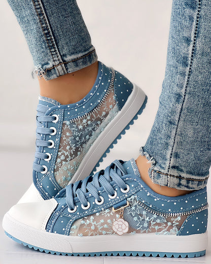 Floral Pattern Embroidery Dot Print Sneakers