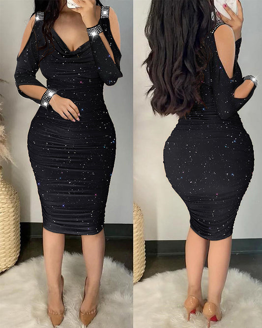 Rhinestone Decor Cold Shoulder Glitter Bodycon Dress