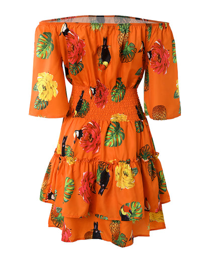 Women's Stretchy Off Shoulder Vacation Dress Tropical Fruit Floral Shirred Waist Ruffle Hem A Line Dress