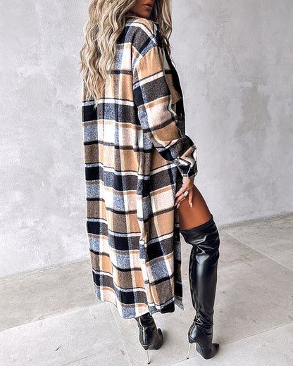 Plaid Print Buttoned Pocket Design Longline Coat
